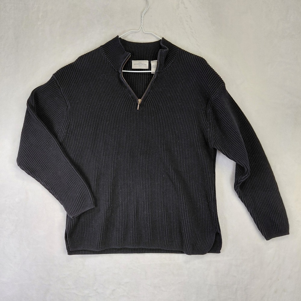 Nordstrom Womens Black 100% Cotton Ribbed Quarter Zip Pullover Sweater Large